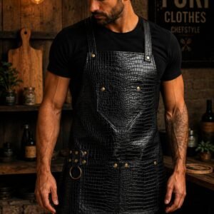 Delantal Peto de Cuero — Negro Grabado Cocodrilo
