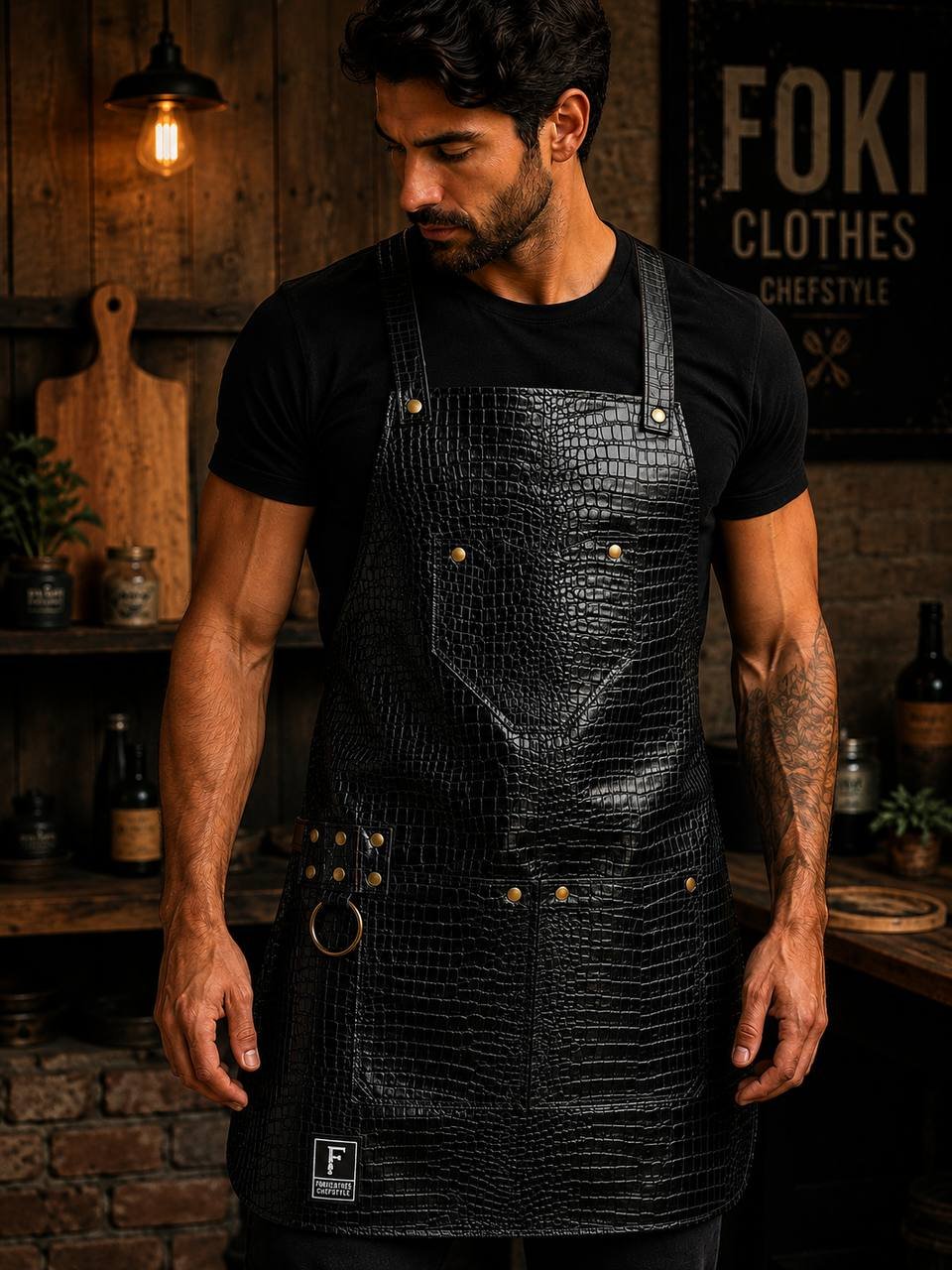 Delantal Peto de Cuero — Negro Grabado Cocodrilo