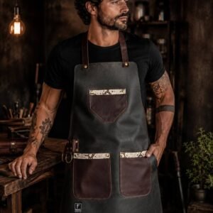 Delantal Peto de Cuero — Verde Oliva con Ribete Pitón